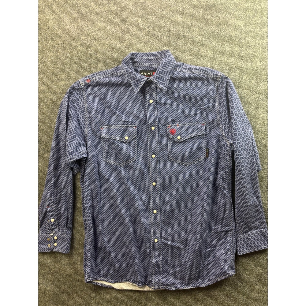 Ariat FR Work Shirt Mens Large Blue Geometric Diamond Pearl Snap CAT 2